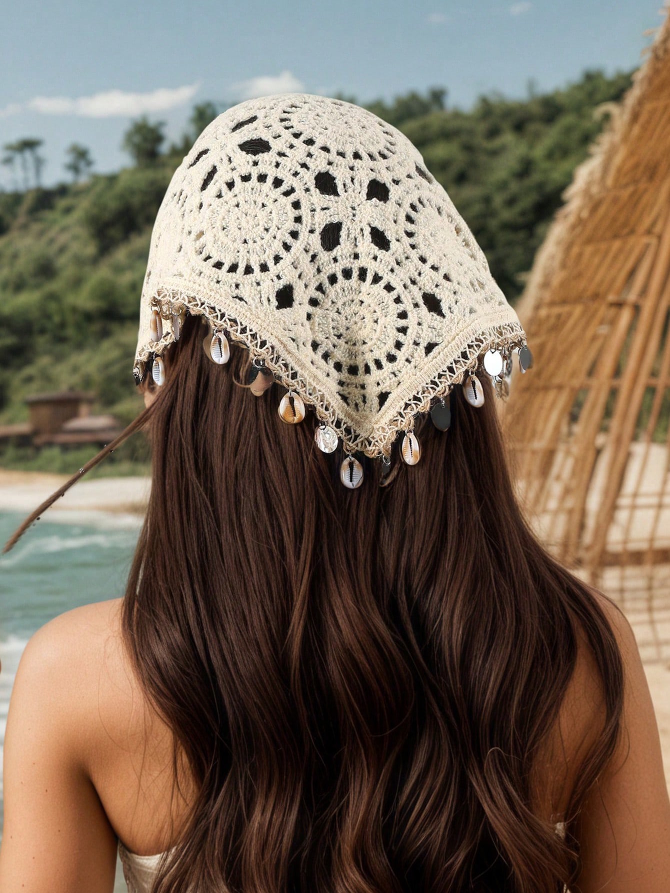 Women Beige Floral & Seashell Tassels Knit Hollow Lace Headband